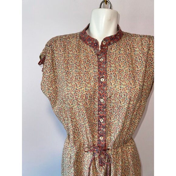 Vtg 70s Pink Calico Floral Sleeveless Boho Hippie Dress Cotton Size 16 Blouson - Picture 3 of 7